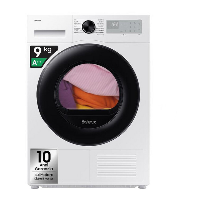 Samsung Asciugatrice DV90DG52A0AHET 9KG Classe C-Bianco oblò nero display silve